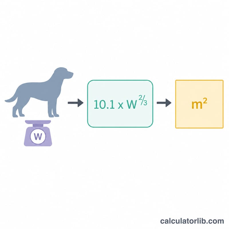 Diagrama que muestra cómo el peso corporal de un perro se convierte en un valor de superficie corporal mediante una fórmula