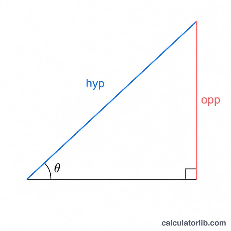 Right triangle showing angle theta, opposite side, and hypotenuse