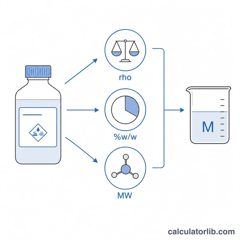 Diagram linking density, percent weight, and molar mass to molarity