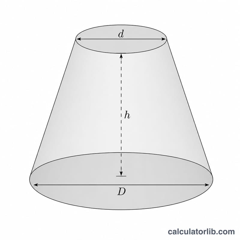 Conical frustum showing top diameter, bottom diameter, and height