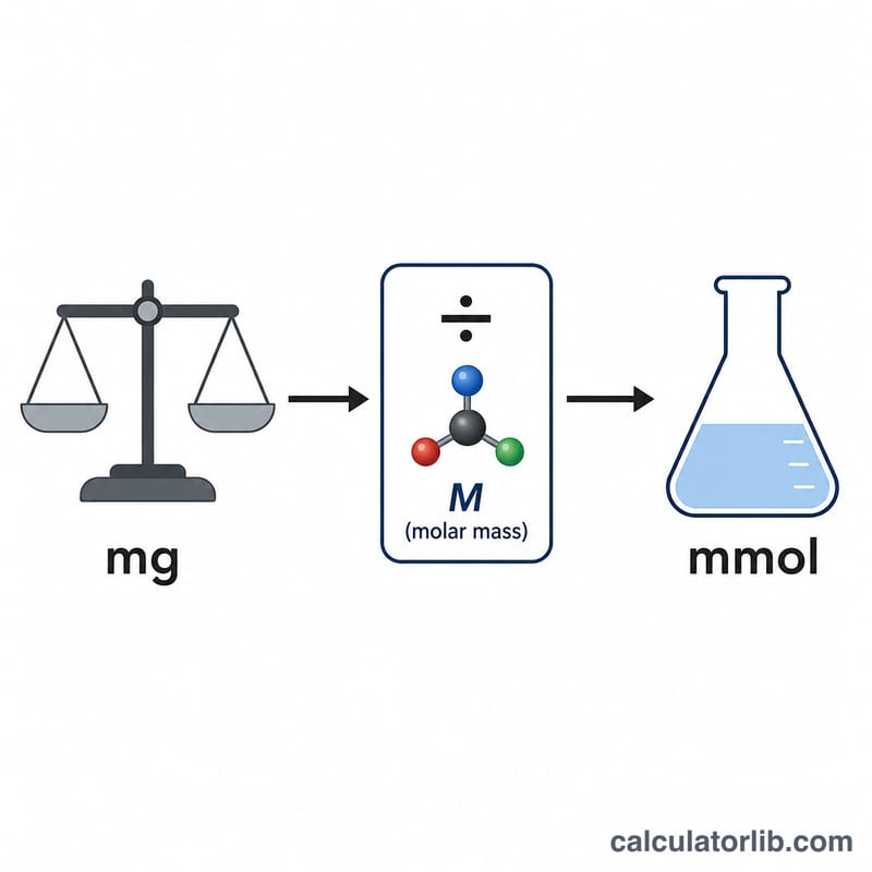 Diagram converting milligrams to millimoles by dividing by molar mass