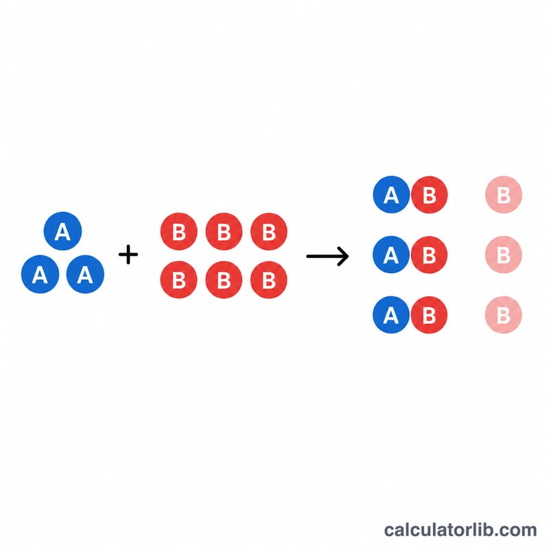 Two reactants combining where one runs out before the other, leaving excess