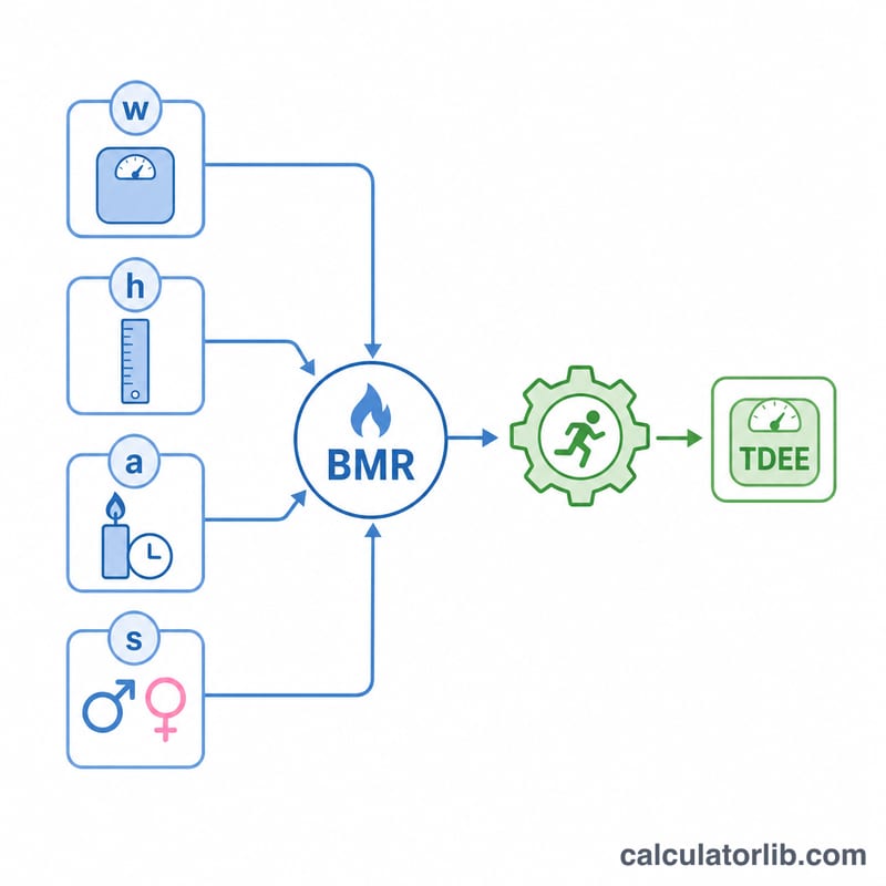 Diagram of BMR inputs combining into TDEE via activity factor