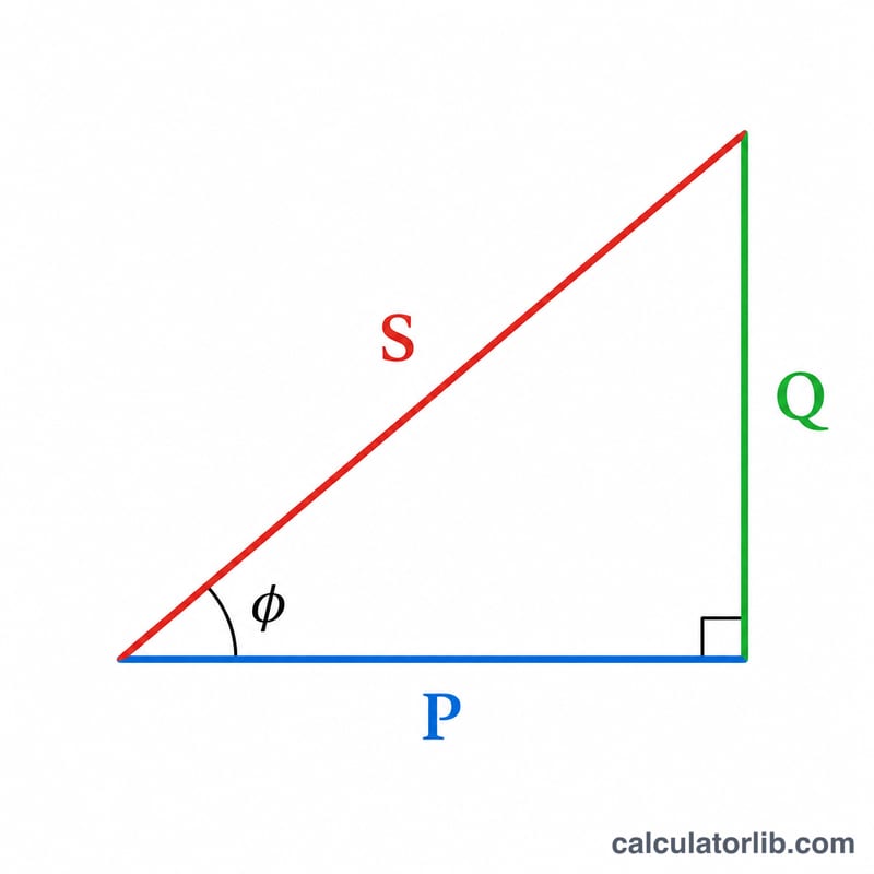 Power triangle showing active, reactive and apparent power with phase angle