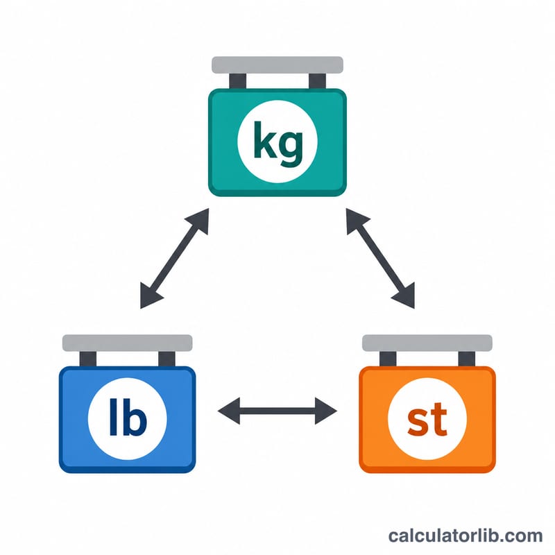 Three connected units kilograms, pounds and stone shown as a conversion triangle