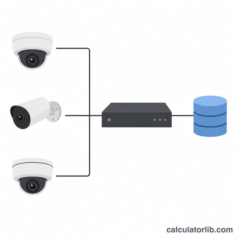 Flat diagram of CCTV cameras feeding into an NVR with a hard disk drive
