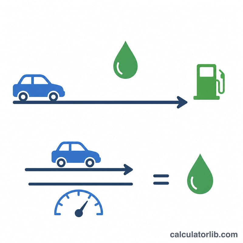 Diagram showing trip distance divided by fuel economy equals fuel needed