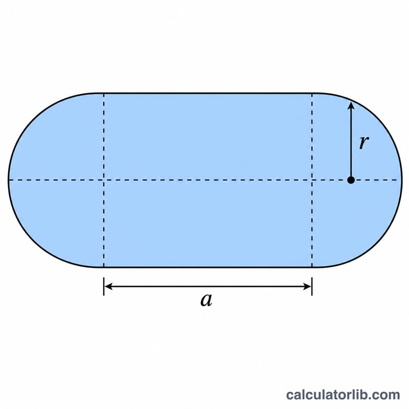 Capsule shape made of a central cylinder with two hemispherical end caps, labeled with radius and cylinder length