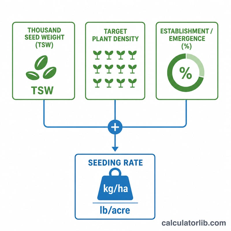 Flow diagram combining thousand seed weight, target plant density and establishment percentage into a seeding rate