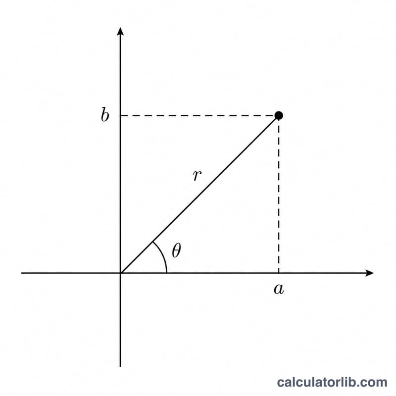 Complex number plotted as a point and vector on the complex plane showing modulus r and argument theta