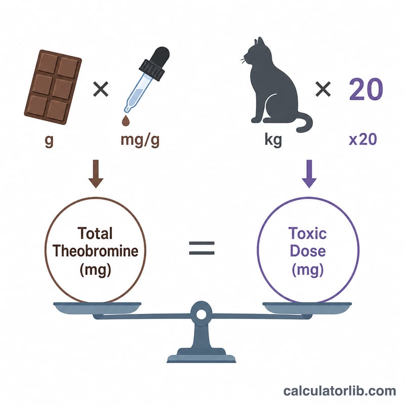Diagram showing chocolate amount multiplied by theobromine content per gram equals total theobromine, compared against cat weight times a toxic threshold