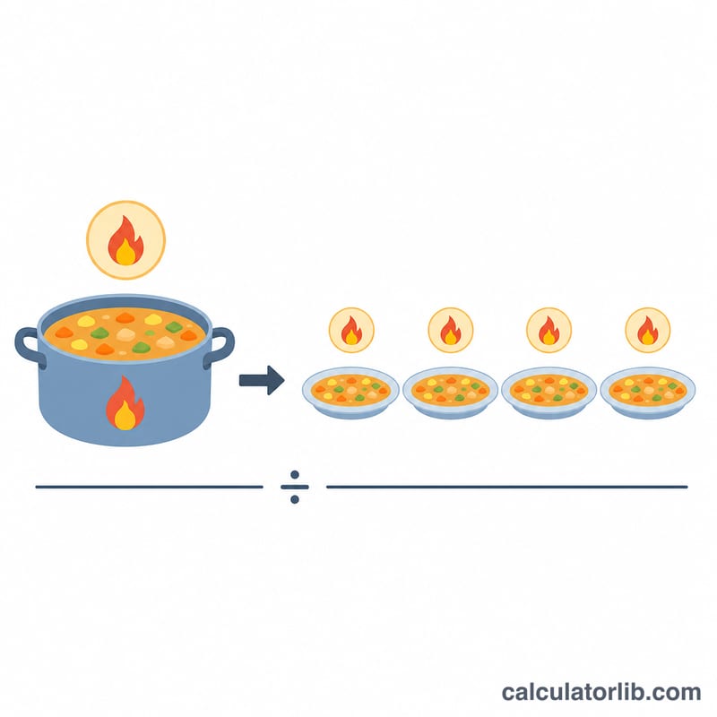 Diagram of a large pot of food divided by servings into individual plates with equal calorie portions