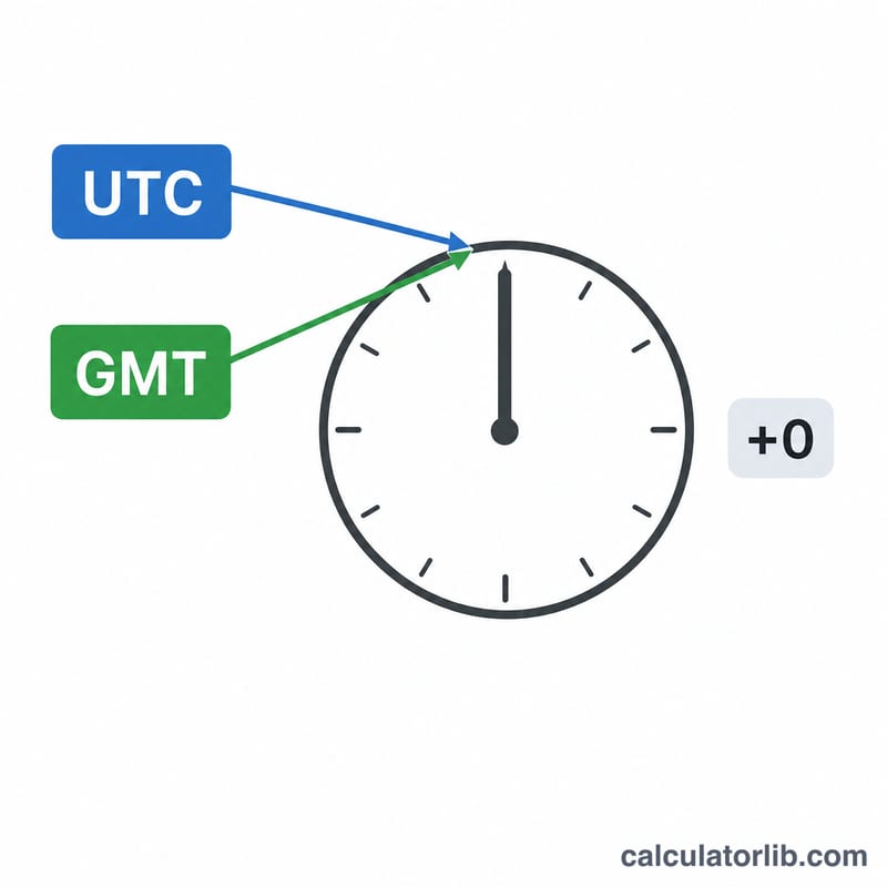 A clock with a single label showing two time-zone names pointing to the same position, with a zero-offset indicator