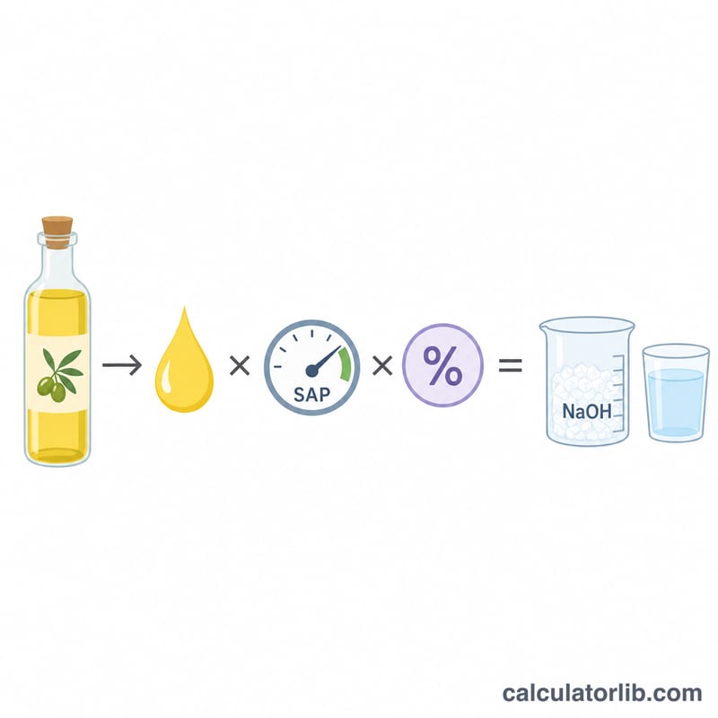 Flat diagram showing oil weight multiplied by SAP value and superfat factor giving lye and water amounts