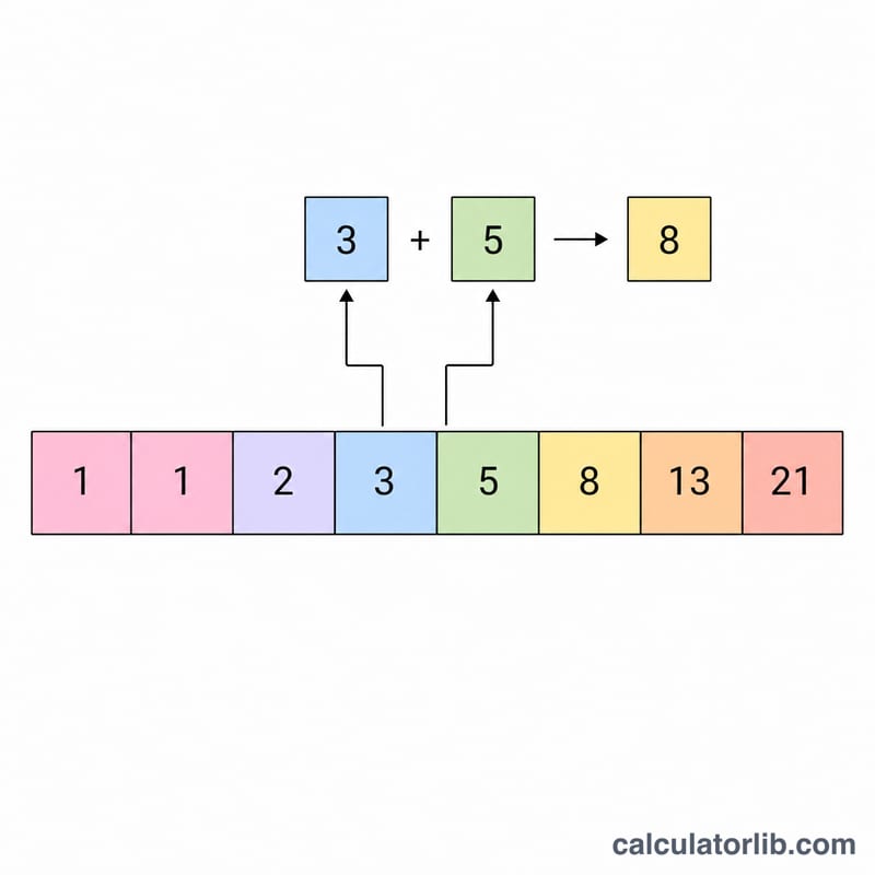 Diagram showing each Fibonacci number as the sum of the two preceding numbers