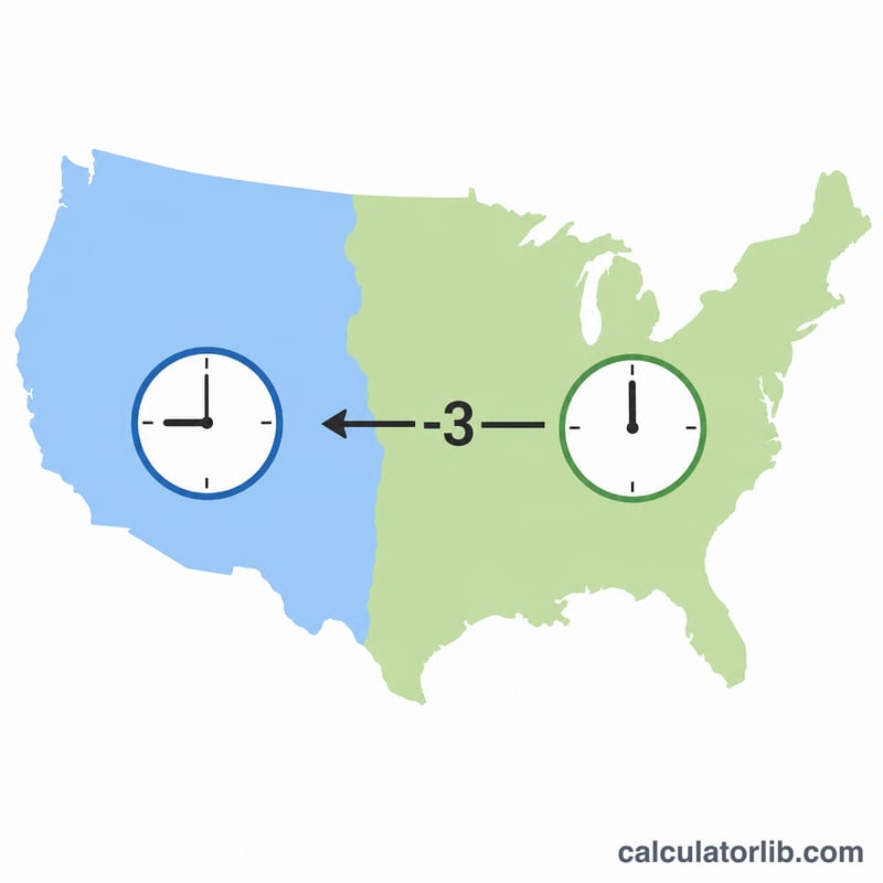 US map showing Eastern zone clock at 12 and Pacific zone clock at 9 with a minus 3 hour arrow