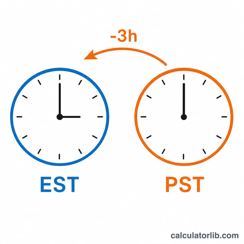 Two clock faces showing EST 3 hours ahead of PST
