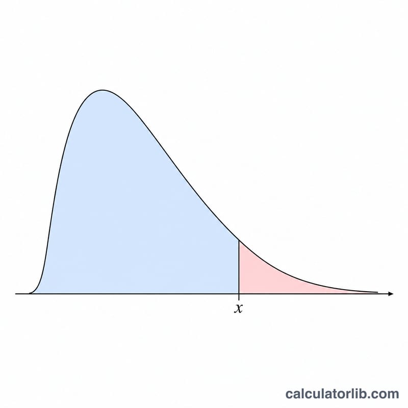 F-distribution curve with shaded lower-tail and upper-tail areas split at a vertical critical-value line