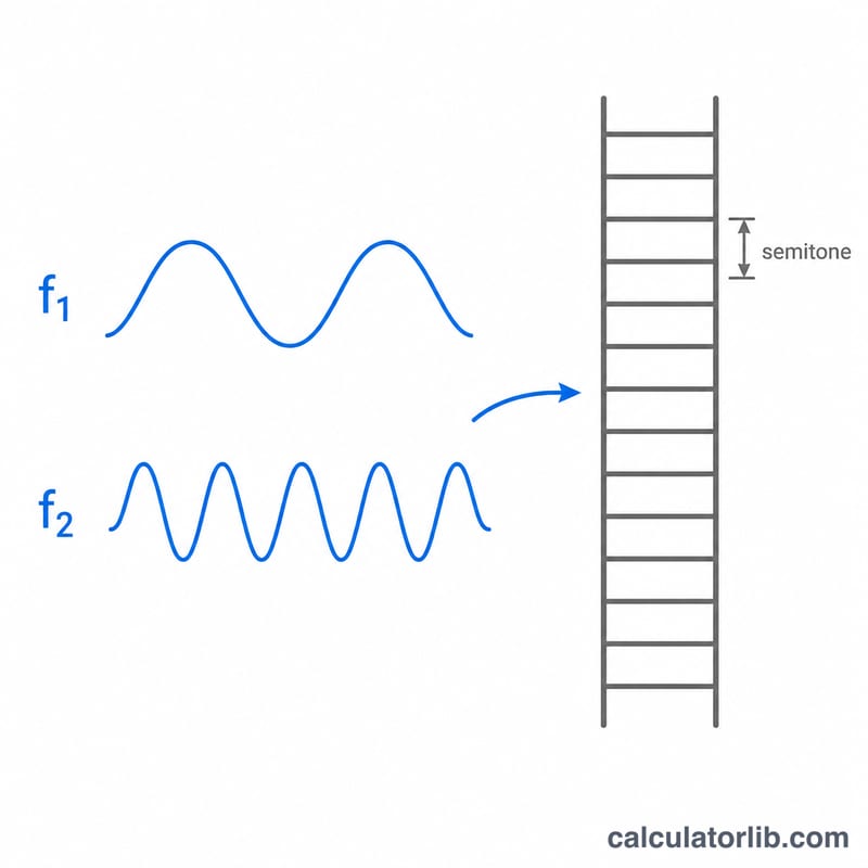 Two sound waves of different frequencies with a curved logarithmic mapping arrow to a semitone scale