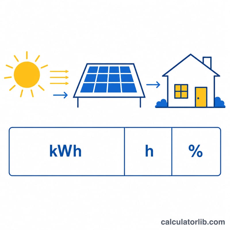 Diagram of sunlight hitting solar panels powering a house with a division of daily energy by sun hours and performance ratio