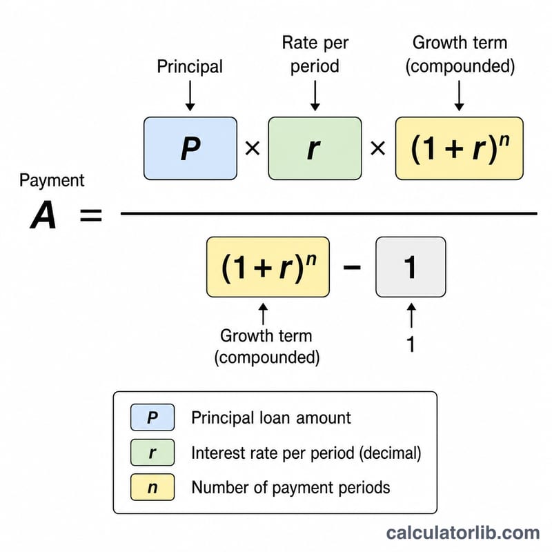 Diagram breaking down the installment loan payment formula into principal, rate, and term components