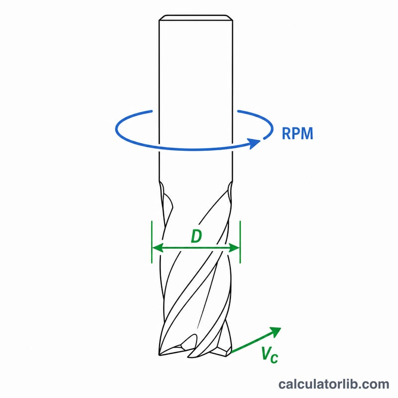 Diagram of a rotating CNC end mill showing diameter D, rotation RPM, and tangential cutting speed