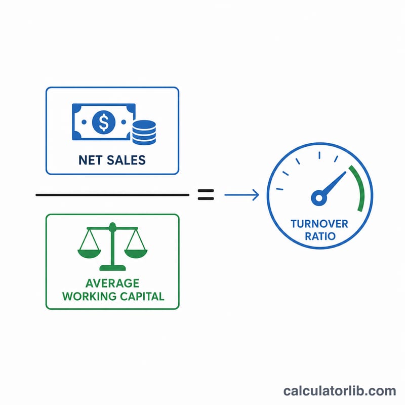 Flat diagram showing net sales divided by average working capital equals turnover ratio
