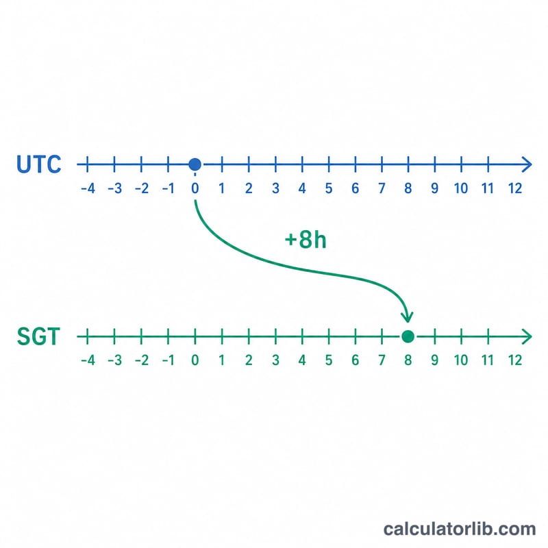 Diagram showing UTC time shifted forward 8 hours to get SGT