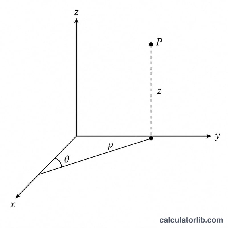 Diagram showing cylindrical coordinates rho, theta, z projected onto Cartesian x, y, z axes