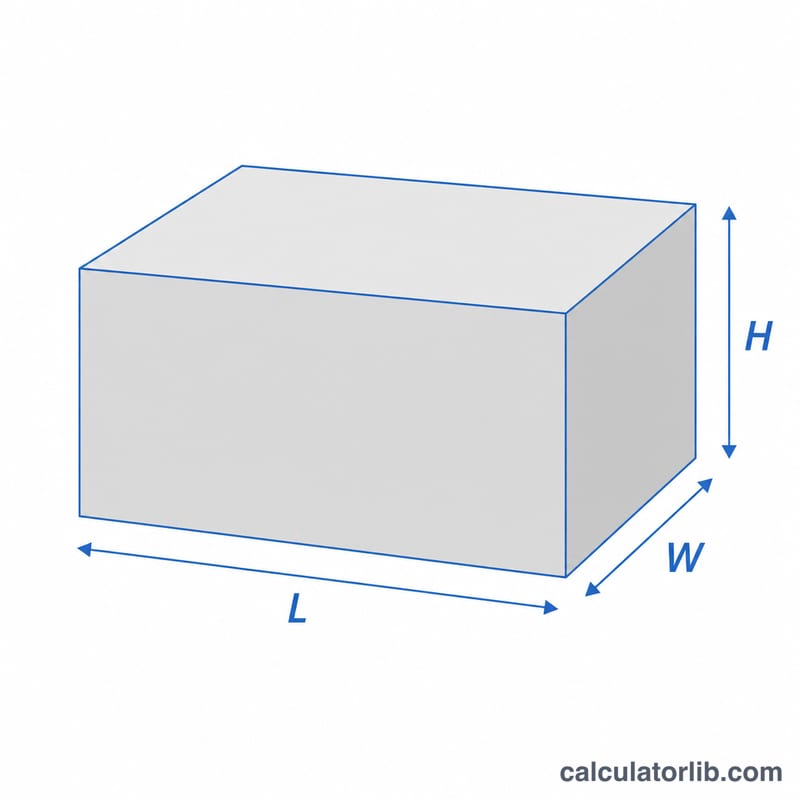 Rectangular box with length, width and height edges labeled