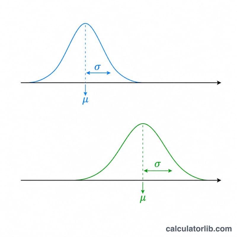 Two bell curves with same spread but different means showing different CV values