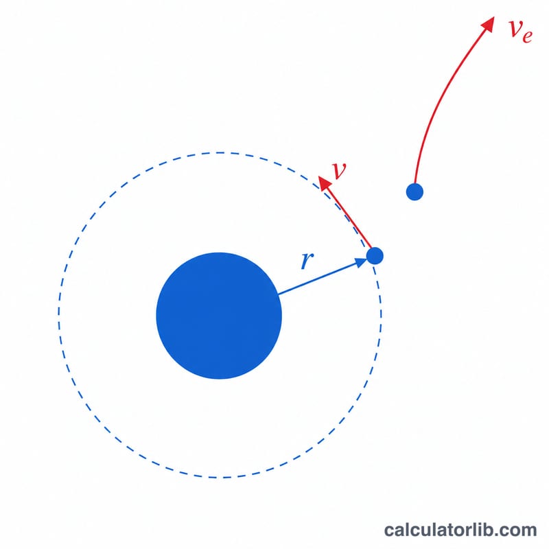 Diagram of a satellite in circular orbit at radius r with tangential velocity v, and an escaping body with velocity v_e