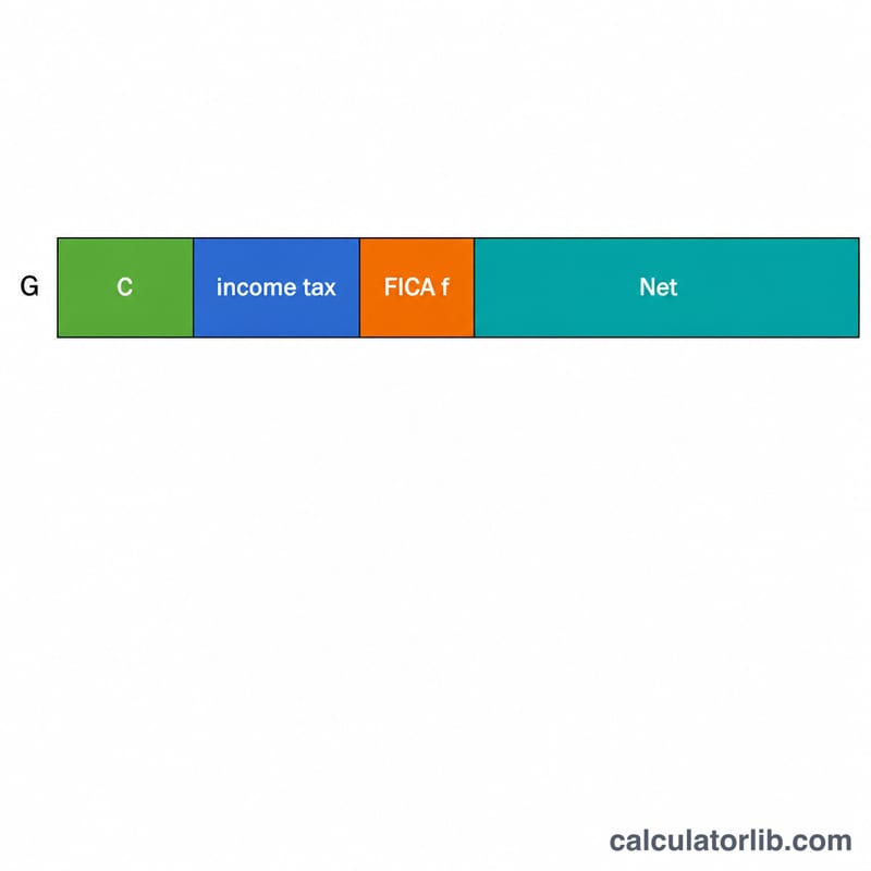 Horizontal bar showing gross pay split into 401k, taxes, FICA, and net pay