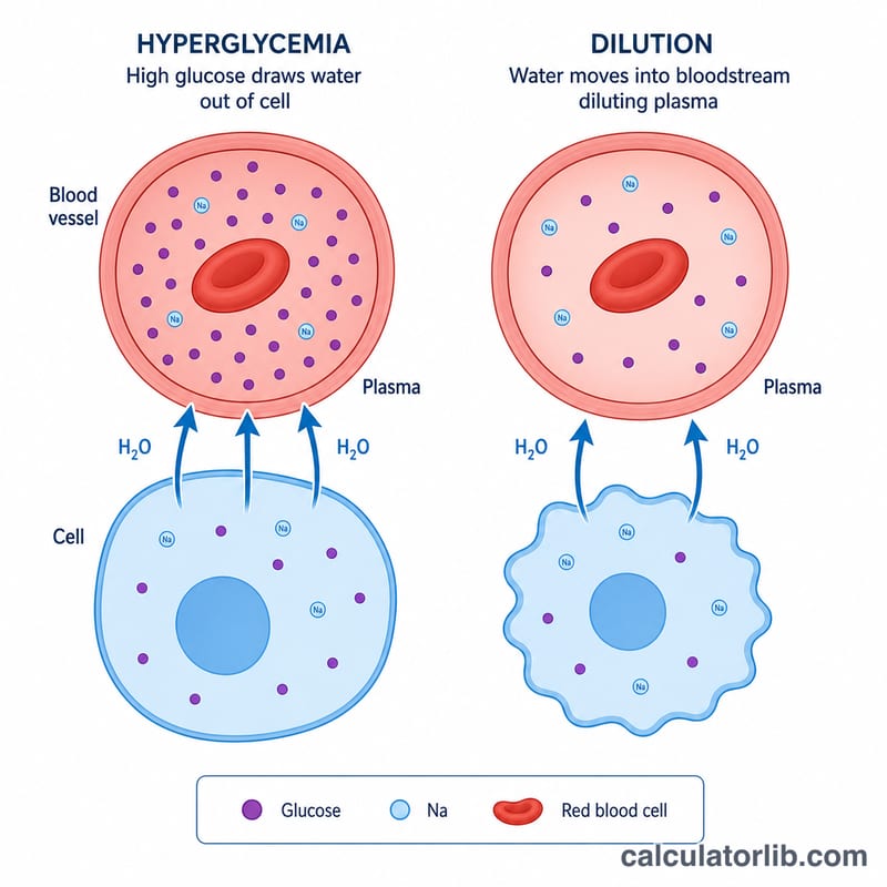 Diagram showing high glucose pulling water from cells into blood, diluting measured sodium