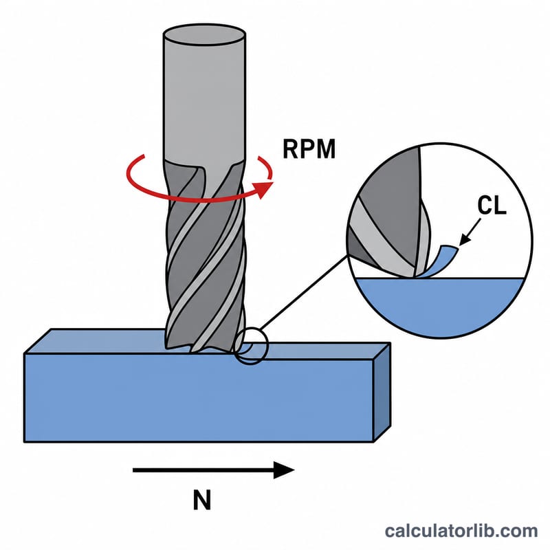Diagram of an end mill cutting into stock showing flutes, rotation direction, feed direction, and chip load per tooth