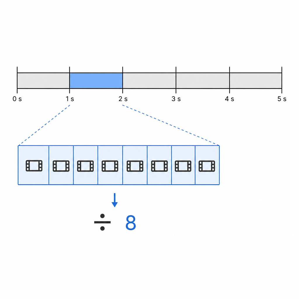 Diagram showing one second of bitrate divided among video frames and converted to bytes