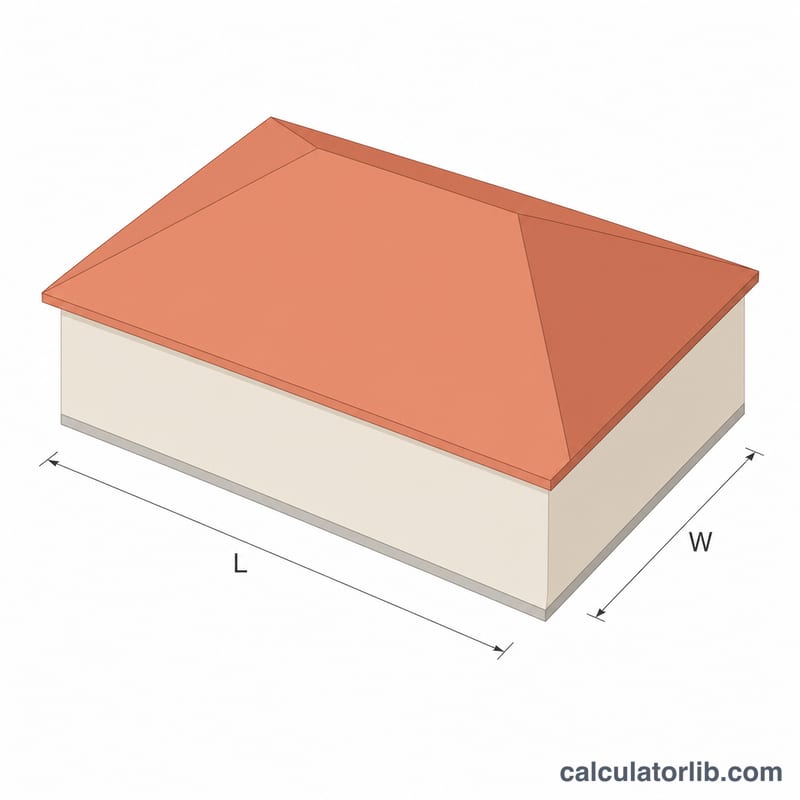 Flat diagram of a hip roof showing length, width, and four sloped sides meeting at a ridge