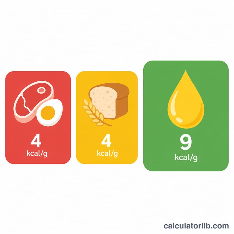 Three macronutrient blocks labeled with their calorie-per-gram values