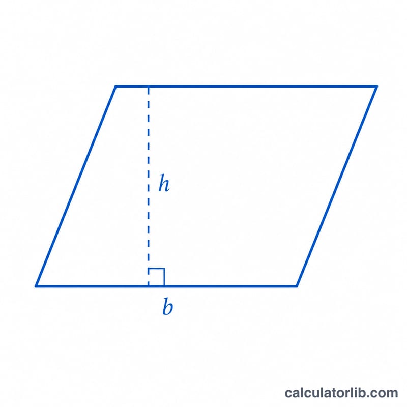 Parallelogram with base b and perpendicular height h marked