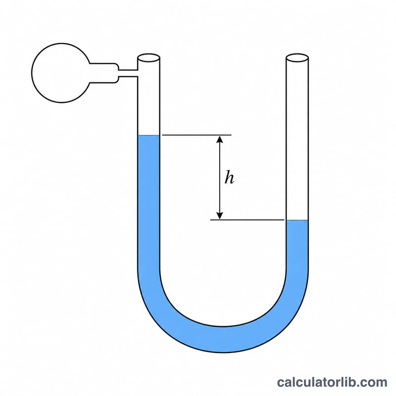 U-shaped tube manometer with two liquid levels and a height difference labeled h
