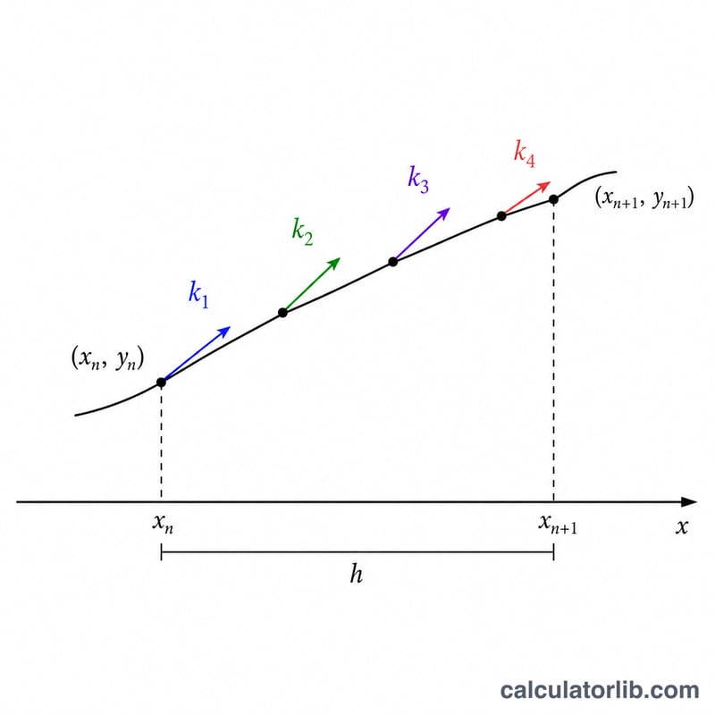 Diagram of one RK4 step showing four slope evaluations k1 to k4 over step size h
