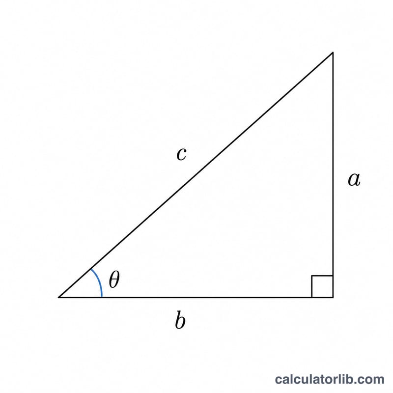 Right triangle with hypotenuse c, angle theta, opposite leg a and adjacent leg b labeled