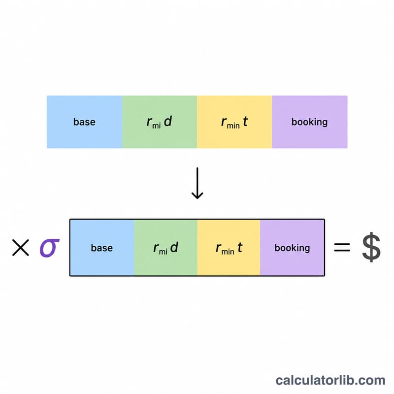 Flat diagram showing rideshare fare components stacking into a total
