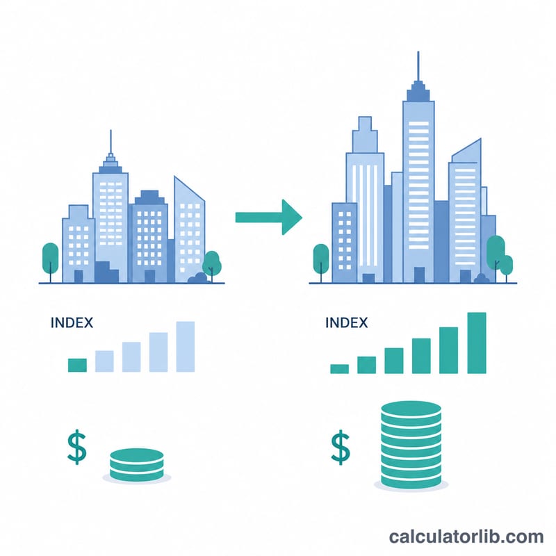 Two cities compared with index bars and a growing salary stack between them