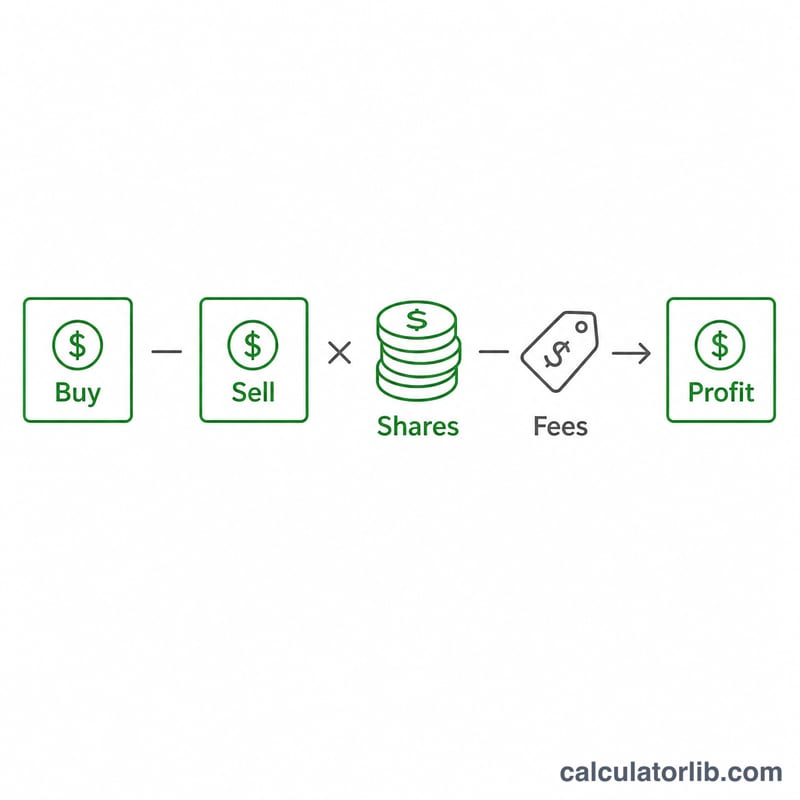 Diagram showing stock profit formula components: sell price minus buy price times shares minus fees