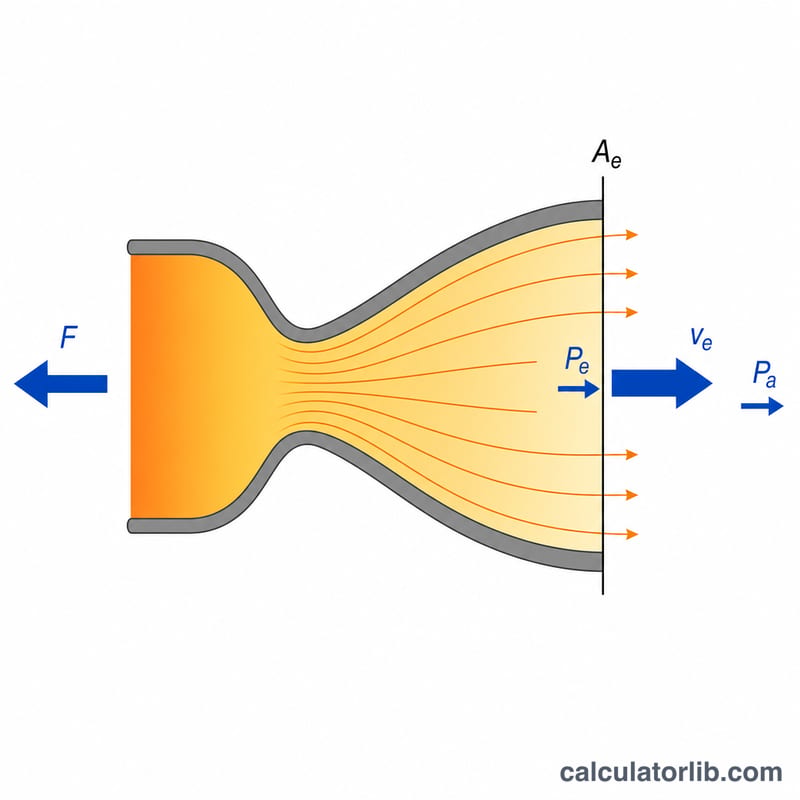 Cross-section diagram of a rocket nozzle showing exhaust flow and thrust forces
