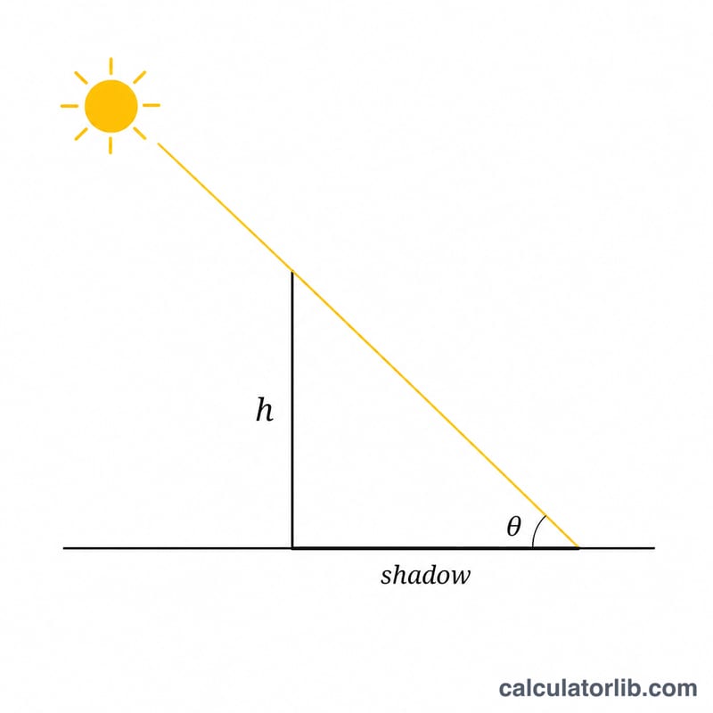Right triangle showing a vertical object, its shadow, the sun's rays, and the elevation angle theta