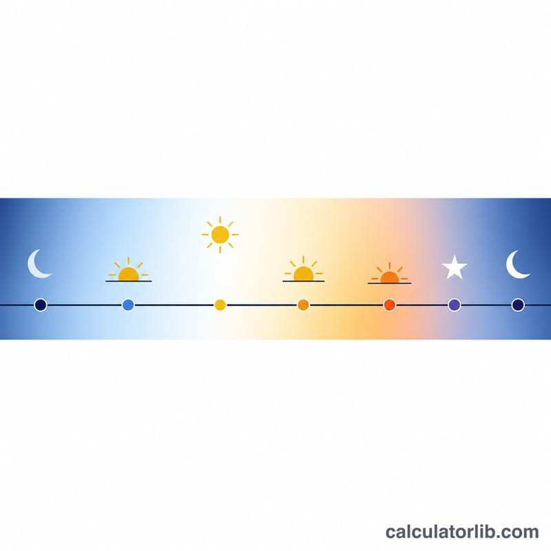 Daily timeline showing the five Islamic prayer times plus sunrise and Islamic midnight from dawn through night