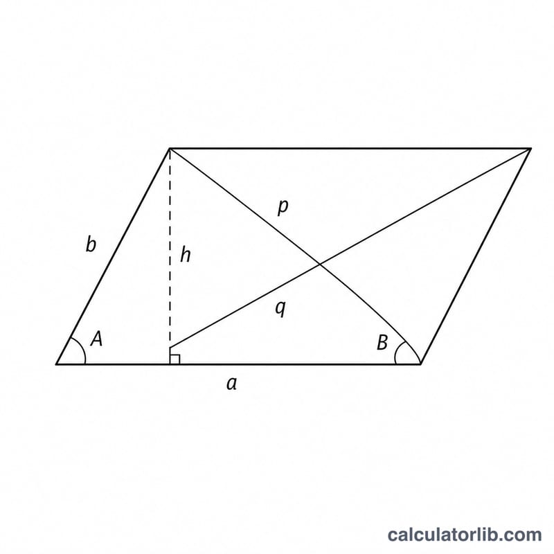 Labeled parallelogram showing sides, angles, height and diagonals