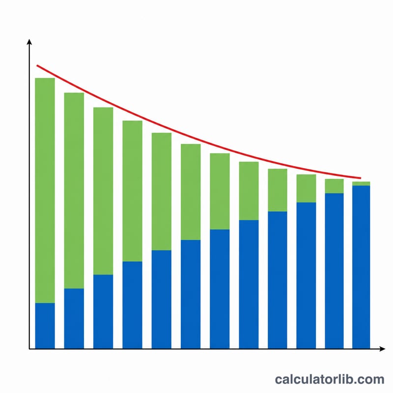 Stacked bar chart showing each loan payment split into a shrinking interest portion and a growing principal portion over time, with a declining balance line